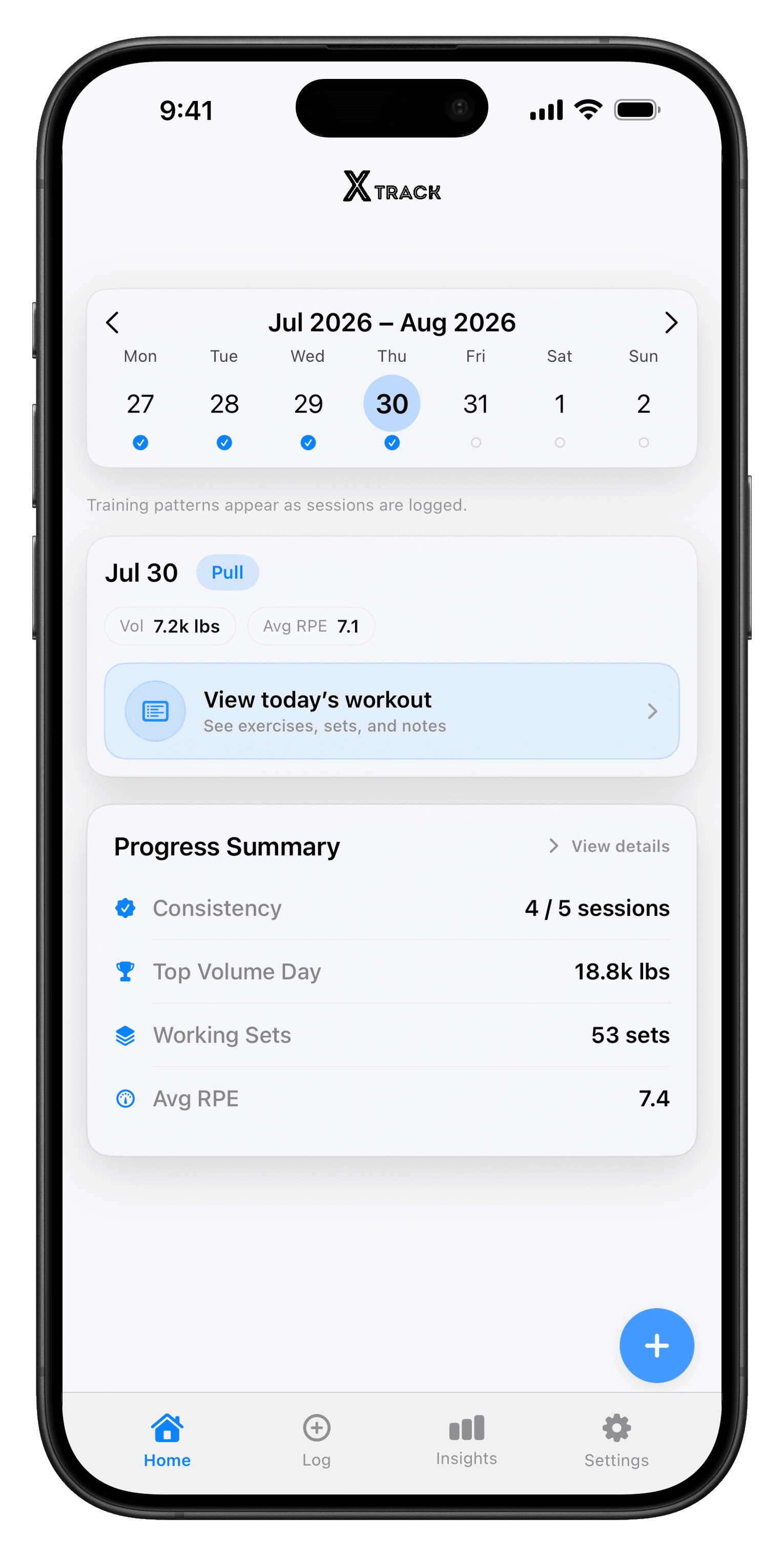 xTrack app home screen showing workout tracking and training stats.